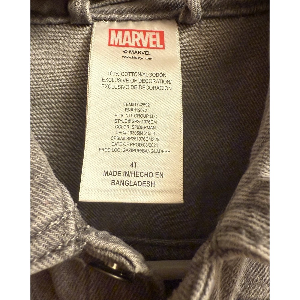 Marvel Spider Man Jean Jacket Gray Denim Coat Logo Print Kids Boys Size 4T NWT - Picture 2 of 5